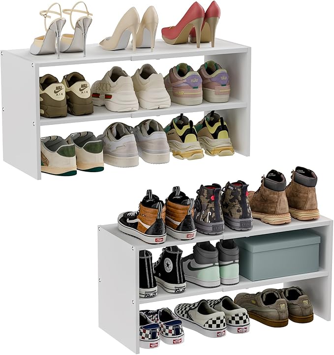 2 Pack White Shoe Rack for Closet, 2-Tier Expandable Small Shoe Shelf, Stackable Iron Wood Combination Shoe Organizer Racks S