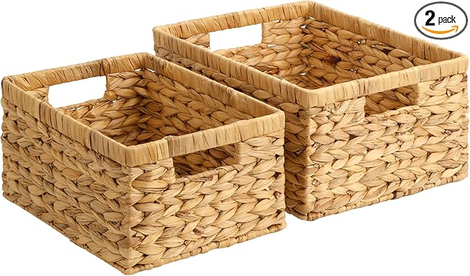 StorageWorks Wicker Storage Baskets, Handwoven Water Hyacinth Basket for Organizing, Decorative Organizers with Built-in Hand