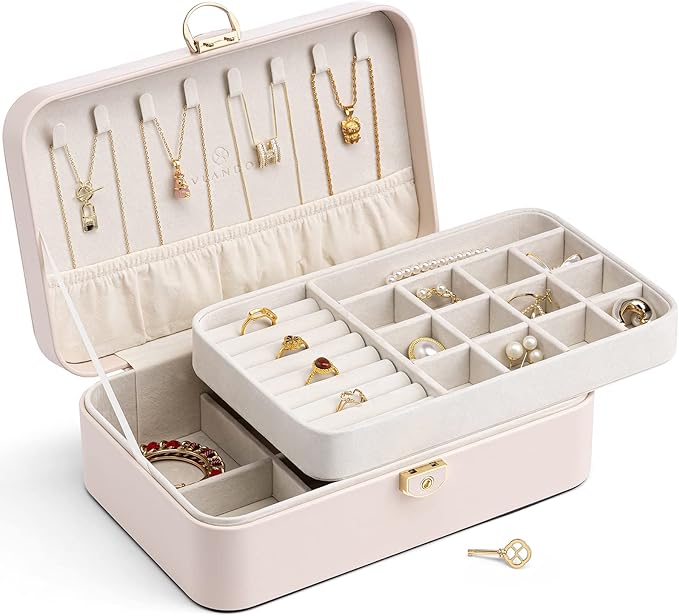 Vlando 2-Layer Jewelry Box,Valentines Day Gifts for Her Jewelry Organizer for Women Removable Jewelry Tray for Earrings Neckl