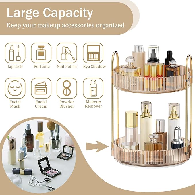 MOKANI 360 Rotating Makeup Organizer for Vanity, 2 Tier Adjustable Perfume Organizer for Dresser, Multi-Function Spinning Cos