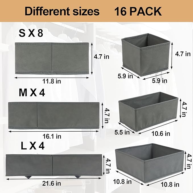 Fordonral 16 Pack Drawer Organizer Clothes, Foldable Fabric Dresser Organizer Closet Organizers and Storage Box for Underwear