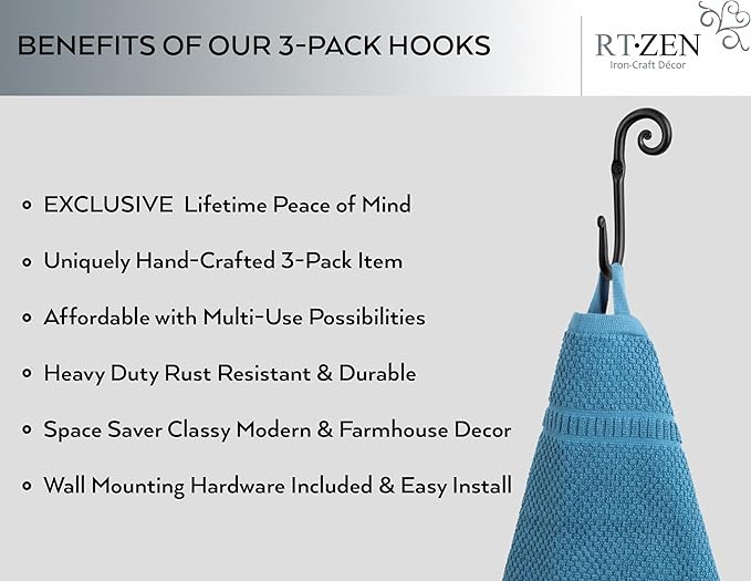 RTZEN Wall Mount Hook Set - Wrought Iron Decorative Rustic Metal Coat Hooks for Hanging - Handcrafted Classic Farmhouse Wall 