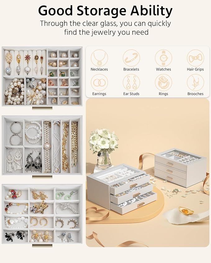 AKOZLIN Jewelry Box with Clear Lid Functional Leather Jewelry Storage Organizer Case 3 Drawers for Women Girls Necklace Ring 