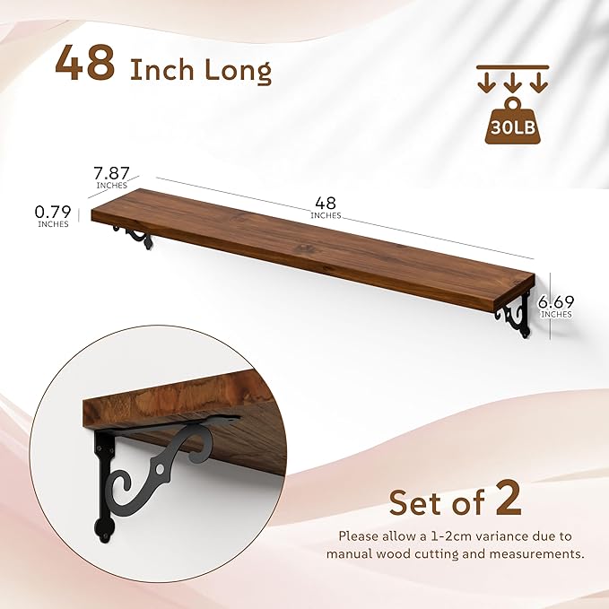 Solid Wood Floating Shelves for Wall with Metal Brackets,2 Tier 48 inch Pinewood Wall Shelf,Suitable for Multiple Places Such