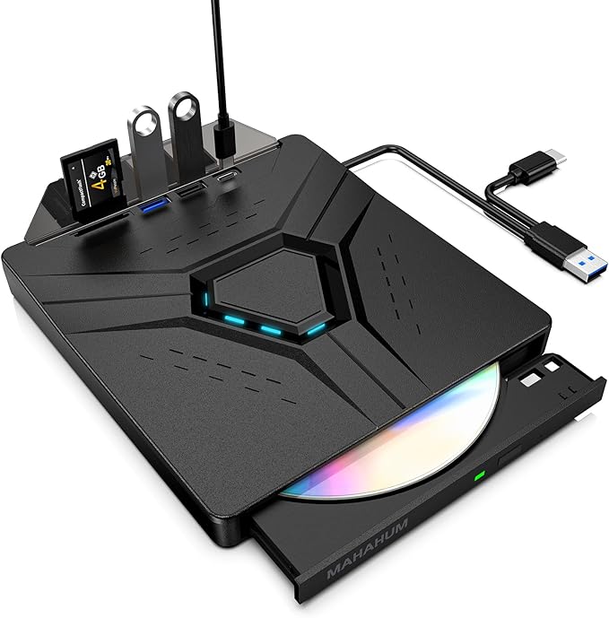 External CD/DVD Drive for Laptop Mac, USB 3.0 & Type-C 8-in-1 Portable DVD Player/Burner, Plug & Play Optical Drive, Compatible with Desktop PC, Windows 11/10/8, Linux, Mac OS, MacBook Pro/Air