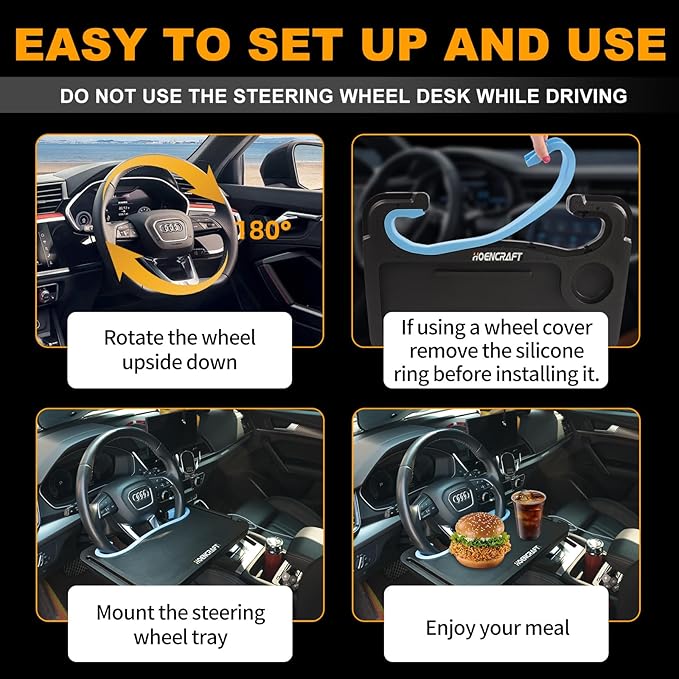 2 in 1 Car Steering Wheel Desk - Tray for Laptop Car Mount with Pen Holder, Car Food Tray with Anti-Slip Silicone Ring for Eating & Work - Portable Bag Included