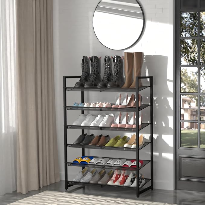 Shoe Rack, 6-Tier Metal Shoe Organizer, Tall Shoe Rack for Closet,entryway,Garage, with Adjustable Flat or Angled Shelves, Ho