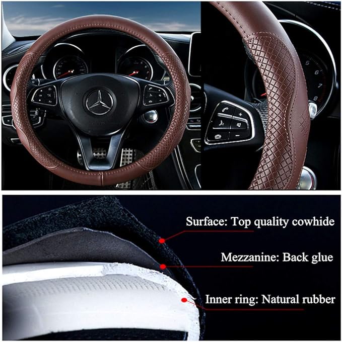 Brown Wheel Cover Cowhide Steering Wheel Cover Brown Leather Car Steering Wheel Cover Universal Size M / 15inch Fit Car/Auto/SUV (A-Brown-M)