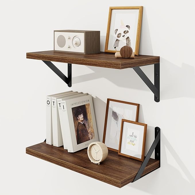 Floating Shelves, 8 Inch Deep Rustic Wood Wall Storage, 16W x 8D Wall Shelves Set of 2, Heavy Duty Metal Brackets, Industrial