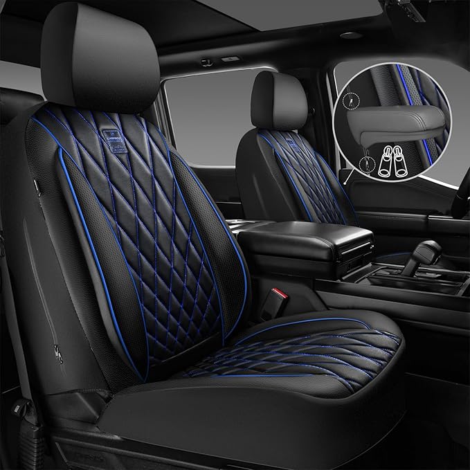 CAR PASS Piping Luxury PU Leather Two Front Car Seat Covers,Waterproof Anti- Slip Seat Covers Compatible with Front Seat Armr