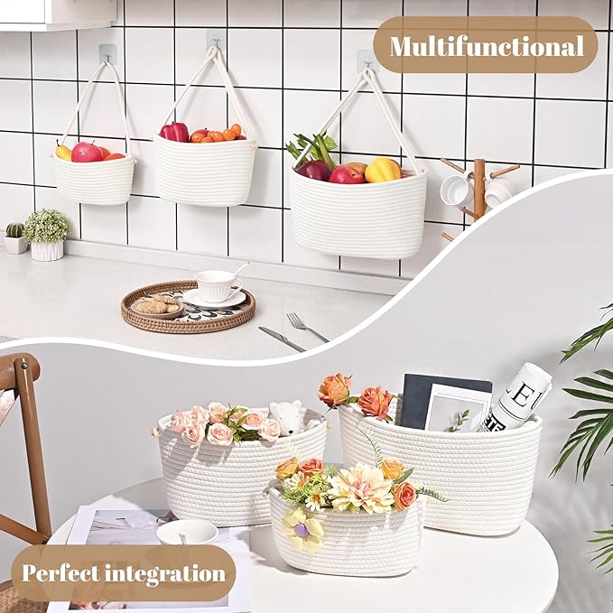 Hanging Storage Baskets, Over the Door Basket, Cotton Wall Baskets Storage, Hanging Door Basket with 4 Hooks