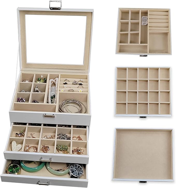 BOOVO Clear Lid Jewelry Box,3 Layers Jewelry Organizer Large Multi-Functional Jewelry Storage Box with 2 Drawers,Jewelry Disp