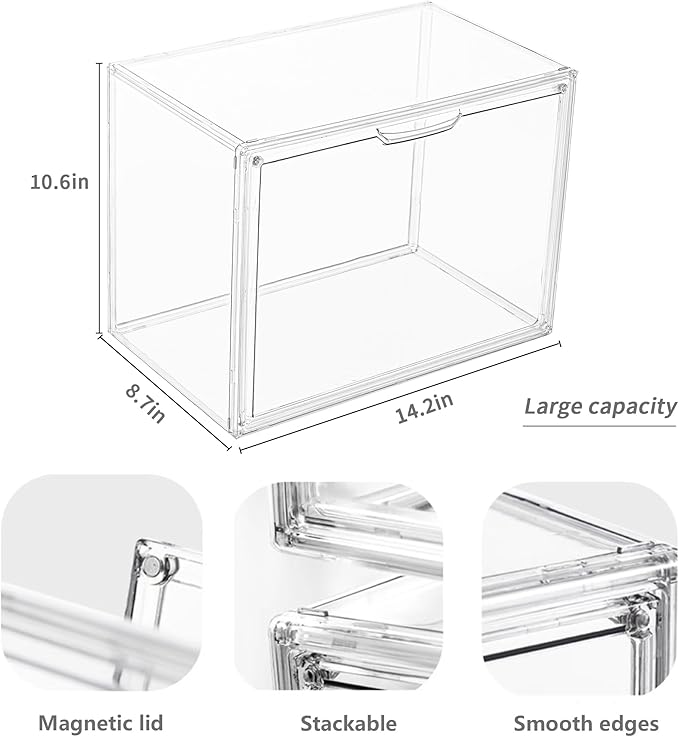 Clear Acrylic Display Case, Stackable Plastic Storage Bins with Magnetic Attraction Lid, Showcase for Cosmetic, Large Figures