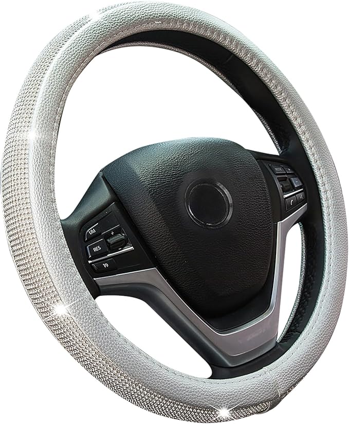 New Diamond Leather Steering Wheel Cover with Bling Bling Crystal Rhinestones, Universal Fit 15 Inch Car Wheel Protector for 