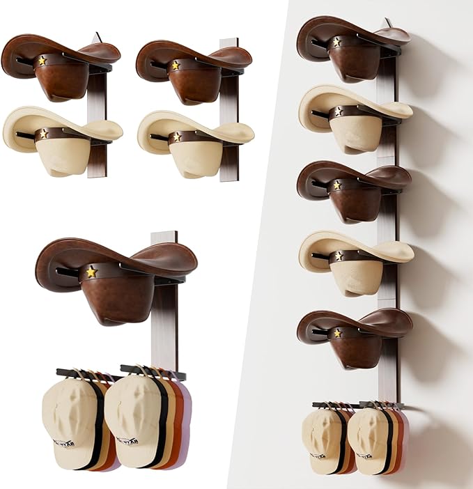 Cowboy Hat Rack for Wall, Cowboy Hat Holder Wall Mount Holds up to 6 Hats, Wooden Western Rustic Metal Hat-Organizer with Arr