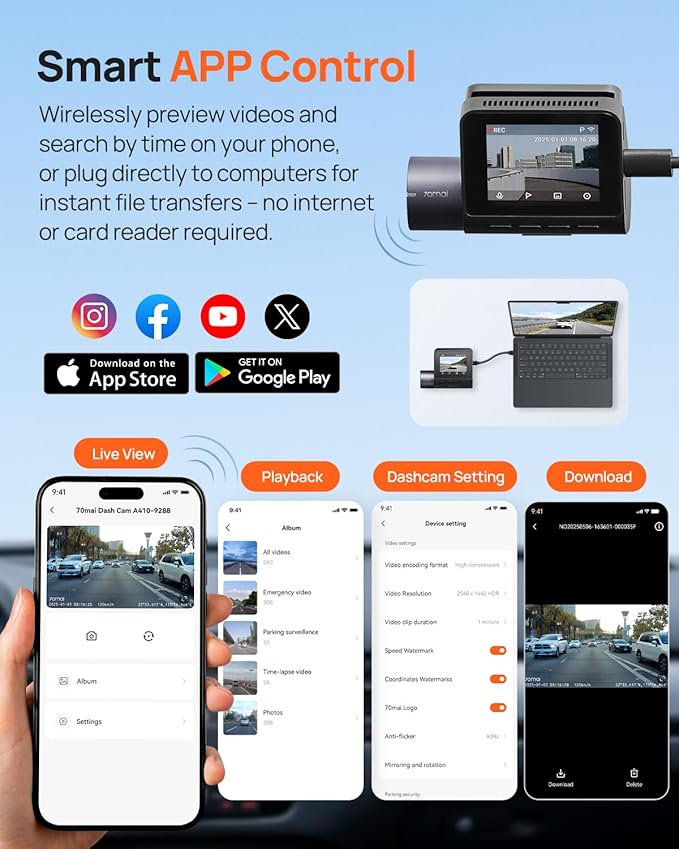 70mai Dash Cam Front and Rear - 2.5K+1080P Dual Dash Camera with HDR, Super Night Vision, F1.55 Aperture, 24H Parking Mode, B