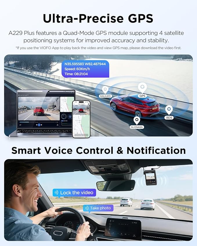 VIOFO A229 Plus Dash Cam Front and Rear, Dual STARVIS 2 Sensors, 2 Channel HDR, 1440P+1440P Voice Control Car Dash Camera, 5G