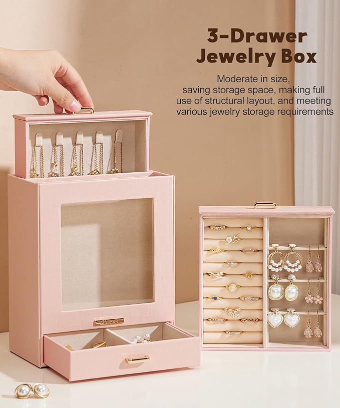 Homde Jewelry Organizer Girls Women Jewelry Box for Necklaces Rings Earrings Gift Bracelets Storage Case (Peach Pink + Gold)