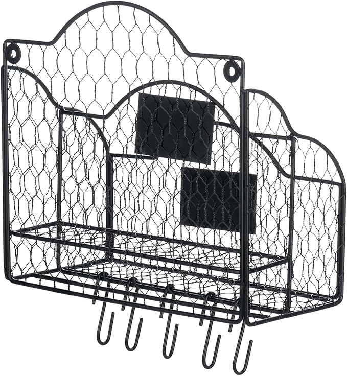 MyGift 2 Compartment Mail Inbox/Outbox Sorter, Wall Mounted Modern Black Metal Wire Entryway Organizer Basket for Mails, Bill