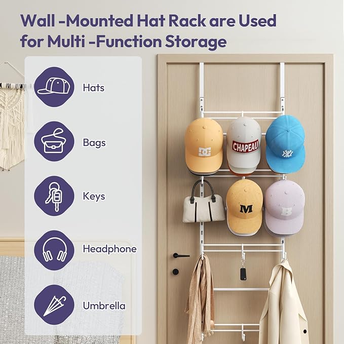 SWTYMIKI Over Door Hat Organizer - 4 Tier Metal Adjustable Wall Mounted Hat Rack with 12 Hooks Design, Hanging Baseball Cap O