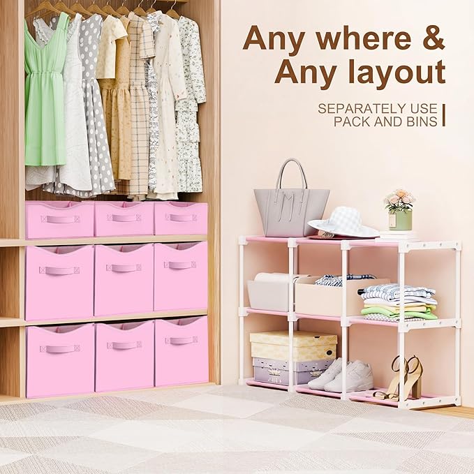 9 Cube Storage Organizer Shelf with Storage Bins and Label, 11 Inch Toy Cube Bins Clothes Closet Organizers Drawers Fabric Dr