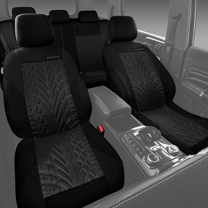 CAR PASS Car Seat Covers Full Sets, Front & Split Rear Bench for Car, 3D Tyre Embossed Automotive Interior Covers, Airbag Com