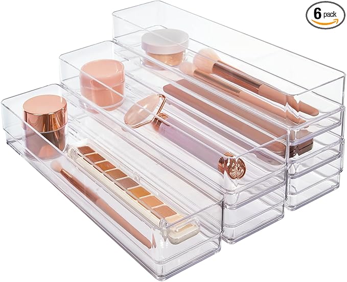 STORi SimpleSort 6-Piece Stackable Clear Drawer Organizer Set | 12" x 3" x 2" Rectangle Trays | Narrow Makeup Vanity Storage 