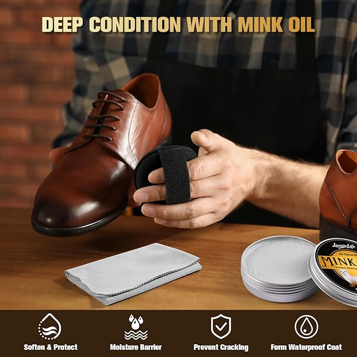 7-in-1 Leather Care Kit, Saddle Soap for Leather, Mink Oil 3.52oz for Leather Boots with 2 Horsehair Brush, Portable Leather 