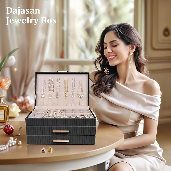 Dajasan Jewelry Box Organizer, 3-Tier Jewelry Storage with 2 Drawers, Large Jewelry Boxes for Women, PU Leather Surface with 