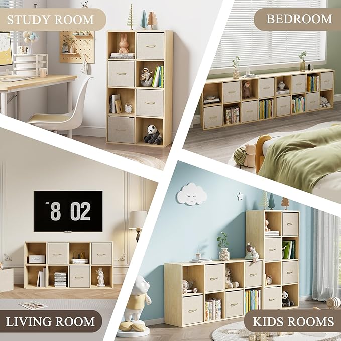 EXPERLAM 8 Cube Storage Organizer - Solid Wood Bookshelf with 4 Storage Bins, Cube Shelf with 2 Removable Back Panels, Vertic