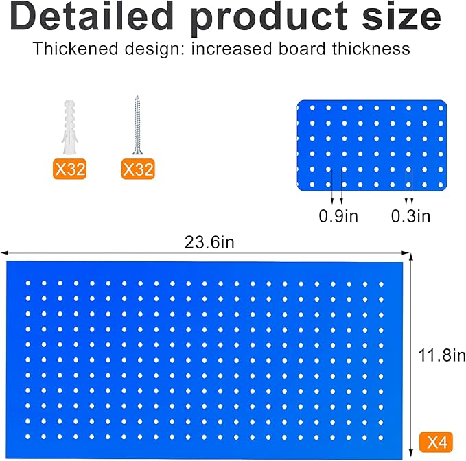 Metal Pegboard Panels 24" x 12" 4 Pack Heavy Duty Steel Pegboard Wall Organizer, Garage Utility Tools Pegboard Storage System