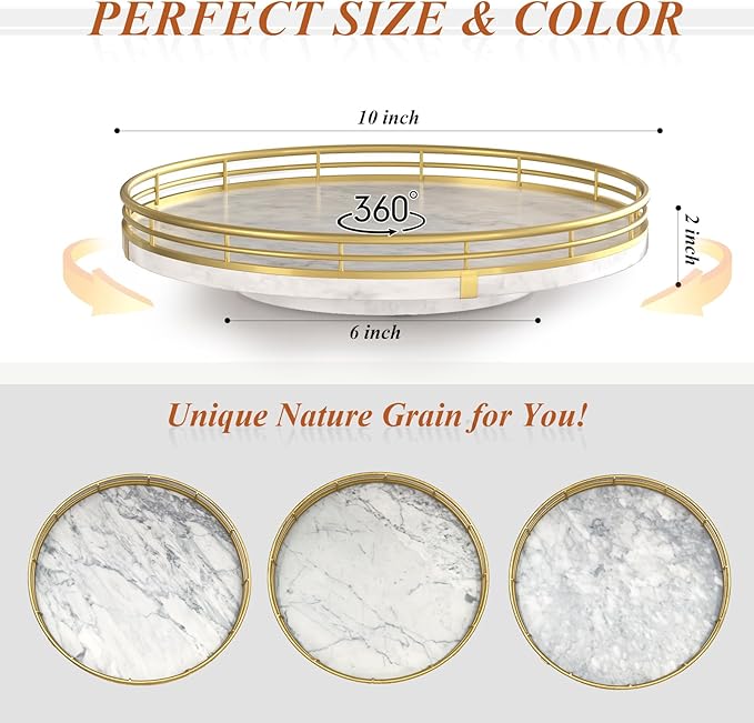 White Marble Lazy Susan Turntable for Table Top – 10” Round Marble Tray Organizer for Bathrroom, Vanity, Dining Table, Kitche