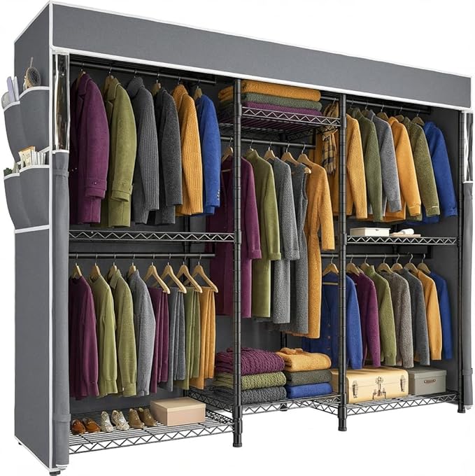 Raybee Clothes Rack with Cover,Clothing Racks for Hanging Clothes Heavy Duty,Portable Closet with Shelves,Adjustable,Loads 90