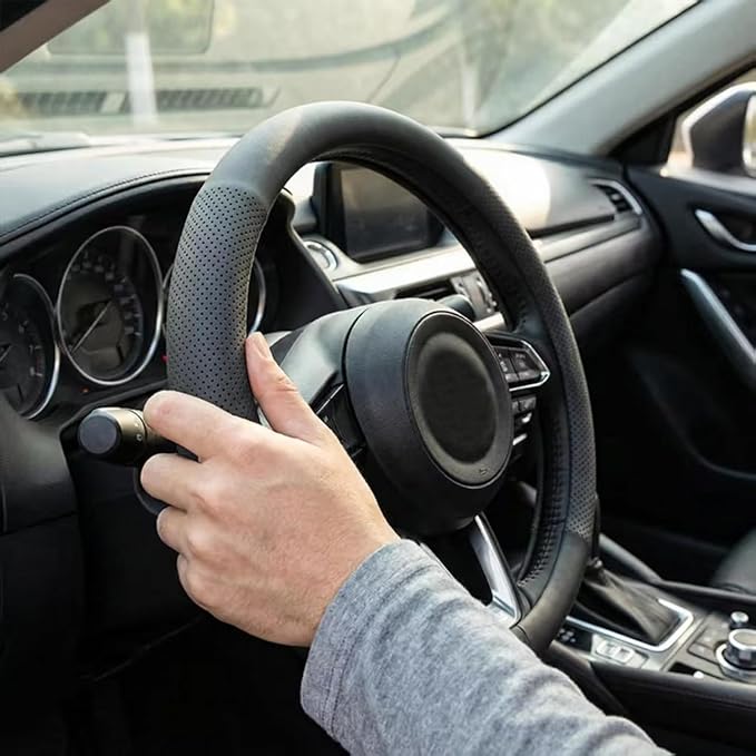 Leather Steering Wheel Cover for Dodge Ram 1500 2500 3500, 15.5-16 Inches Car Steering Wheel Cover, Black