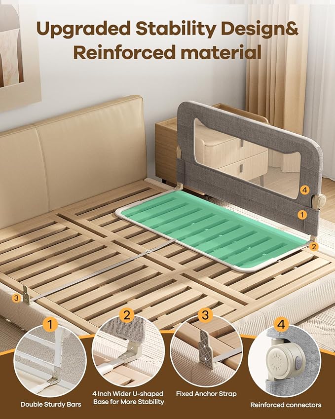Foldable Bed Rail for Toddlers, 47in Reinforced Carbon Steel Frame&Connectors, Breathable Cationic Fabric, Safety Toddler Bed
