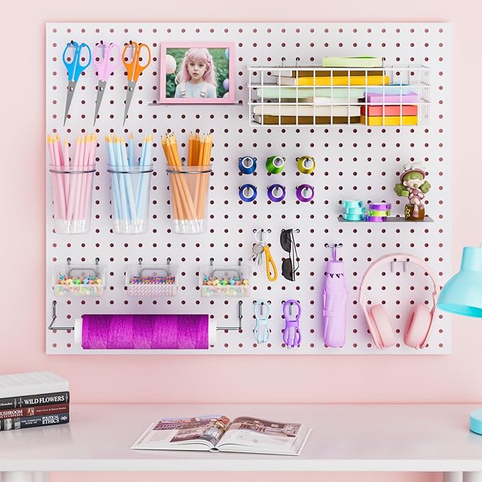 INCLY 30PCS Peg Board Organizer Accessories Kit, Pegboard Hooks Assortment with Bins, Cups, Wire Baskets and Paper Towel Hold