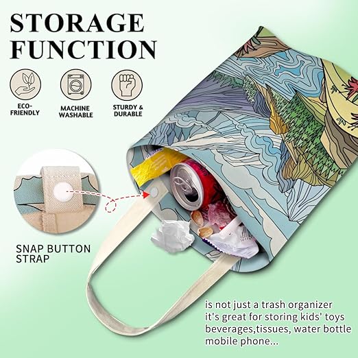 Car Trash Can, Cute Car Trash Bag, Hanging Car Organizer and Storage Bag, Trash Bin for Car Accessories, Vehicle, Travelling, Camping Pastel Mountain Landscape