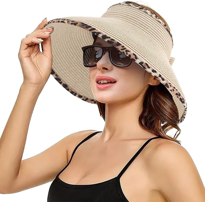Sun Visor Hat for Women, Wide Brim Straw Summer UV Protection Hat, Foldable Roll-up Packable Beach Cap