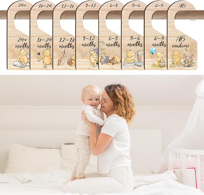 8Pcs Winnie Baby Closet Dividers, Winnie Baby Clothes Dividers for Closet, Newborn Baby Stuff for Baby Boys Girls, Wooden Dou