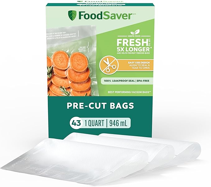 FoodSaver Quart Pre-Cut Vacuum Seal Bags, Easy Use Vacuum Storage Bags, Align to Seal and Tear to Open Vacuum Sealer Storage 