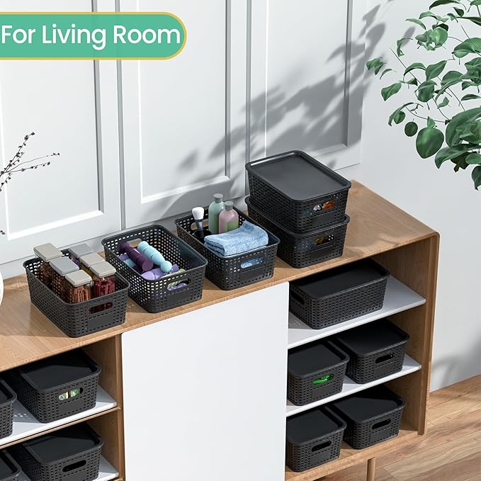 Plastic Storage Baskets with Lid-Plastic Storage Containers Stackable Storage bins: Storage Baskets for Organizing Shelves Dr
