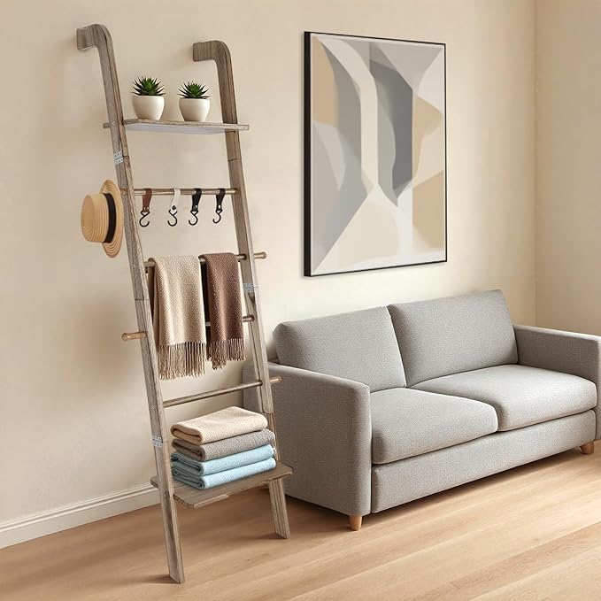 Wooden Ladder with Shelf for Room Decor, 6-Tier Decor Ladder with Non-Slip Mat & Hooks, Farmhouse Style Leaning Wall Display 