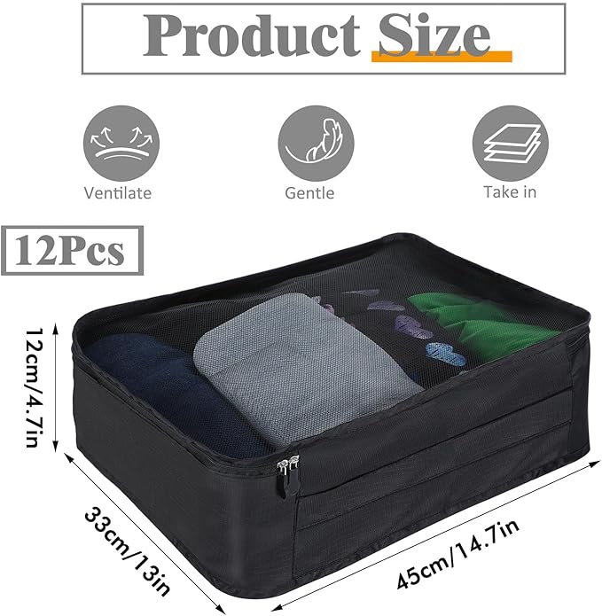 12 Pcs Packing Cubes for Suitcase Travel Luggage Bags Bulk Mesh Organizer Set for Hiking Camping Backpacking Clothes Accessor