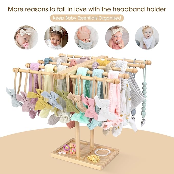 POVETIRE Headband Holder Stand Bow Organizer for Girls, 5 Row Wooden Bow Holder for Girls Hair Bows,Baby Headband Storage Inf