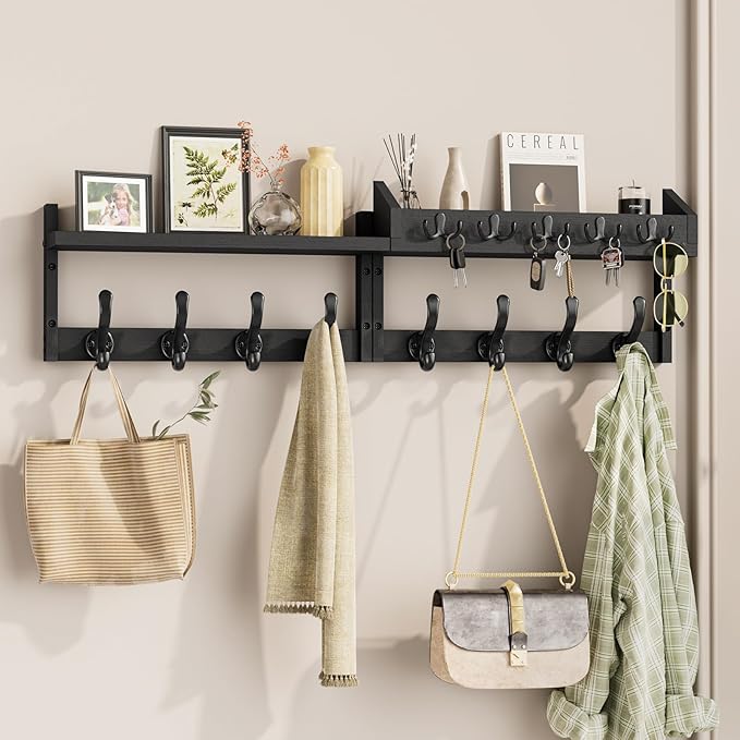 Evermagin 35" Coat Rack Wall Mount with Shelf, 4 in 1 Wall Mounted Coat and Key Hanger with 13 Hooks, Entryway Key Holder wit