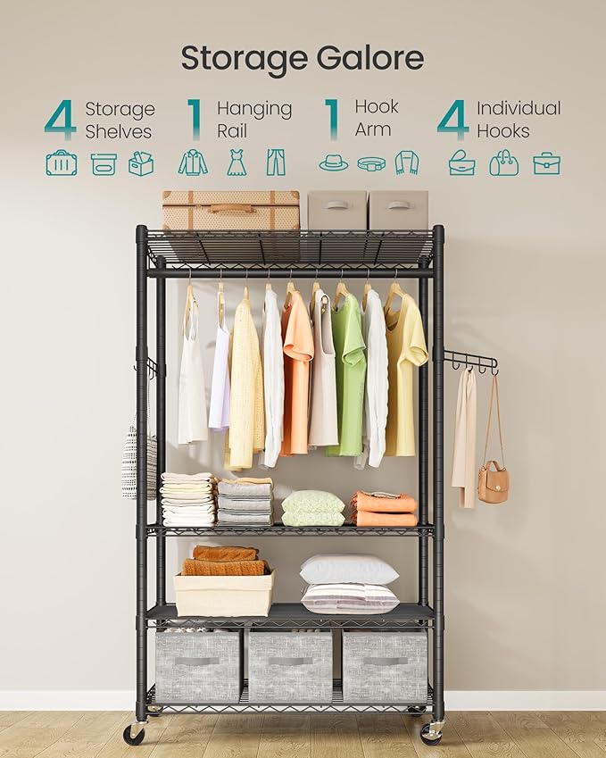 SONGMICS Heavy-Duty Rolling Clothes Rack, Garment Rack, Portable Closet on Wheels, with Adjustable Mesh Shelves and Hanging R