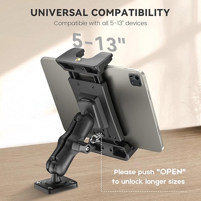 OHLPRO Car Tablet Holder - Heavy Duty Drill Base, Tablet Mount for Truck Compatible with iPad Samsung Tab 5"-13" Tablets and Phones, iPad Stand for Wall/Business/Vehicle/Desktop, etc.-4-inch Arm
