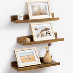 Axeman Picture Ledge Shelf | 16 Inch Brown Floating Shelves Set of 3 | Rustic Brown Wood Wall Shelves with Lip | 16" Picture 