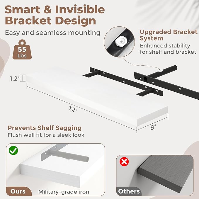 32 Inch Floating Shelves for Wall Set of 2, 8"D Wood Grain Bathroom Shelves with Invisible Brackets, Easy Install Engineered 