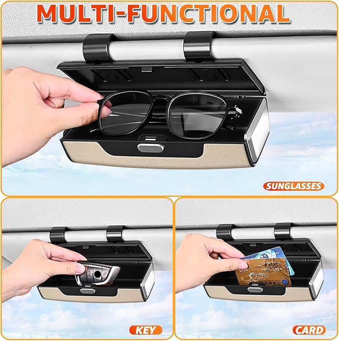 Car Sunglasses Holder for Sun Visor, Button Leather Eyeglass Hanger and Interior Storage Box